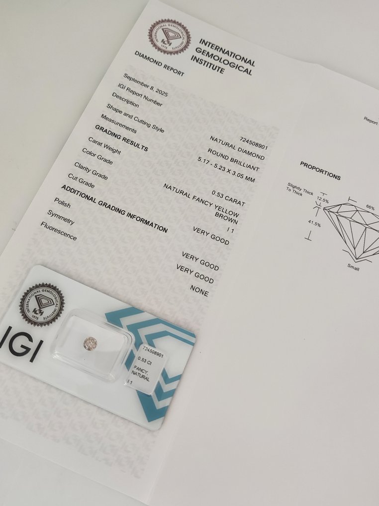 没有保留价 - 1 pcs 钻石  (天然色彩的)  - 0.53 ct - 圆形 - Fancy 黄色 棕色 - I1 内含一级 - 国际宝石研究院（IGI） #3.2