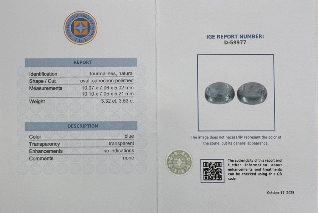 2 pcs  蓝色 电气石  - 6.85 ct - 西班牙宝石学院（IGE） #2.1