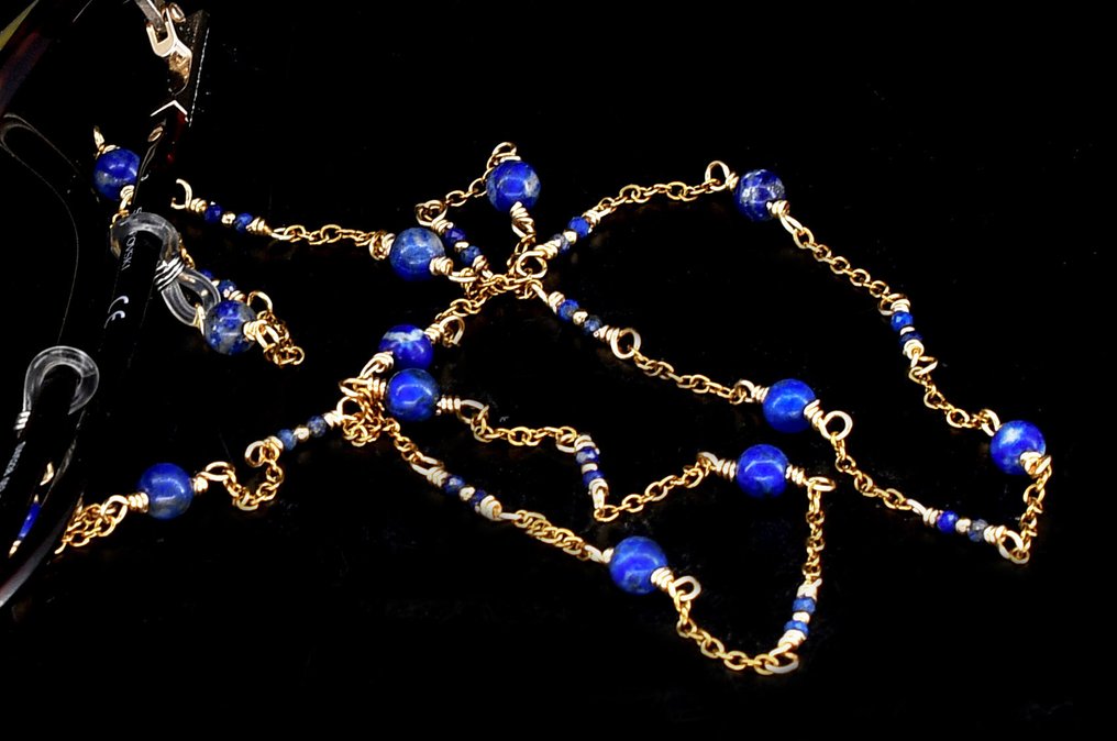 手工制作的眼镜绳 配有天然青金石和不锈钢链条 - 高度: 78 cm - 闊度: 78 cm- 11 g #1.0