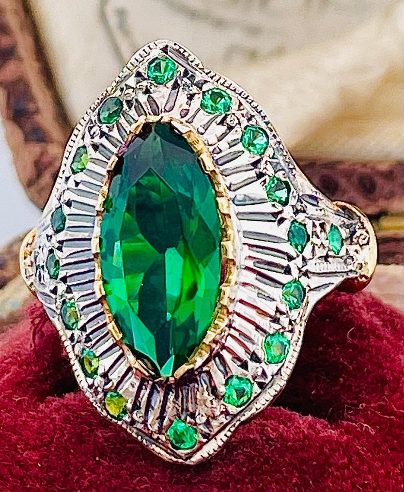 Sem preço de reserva - Anel - 9 kt. Ouro amarelo, Prata Esmeralda - Esmeralda #2.1