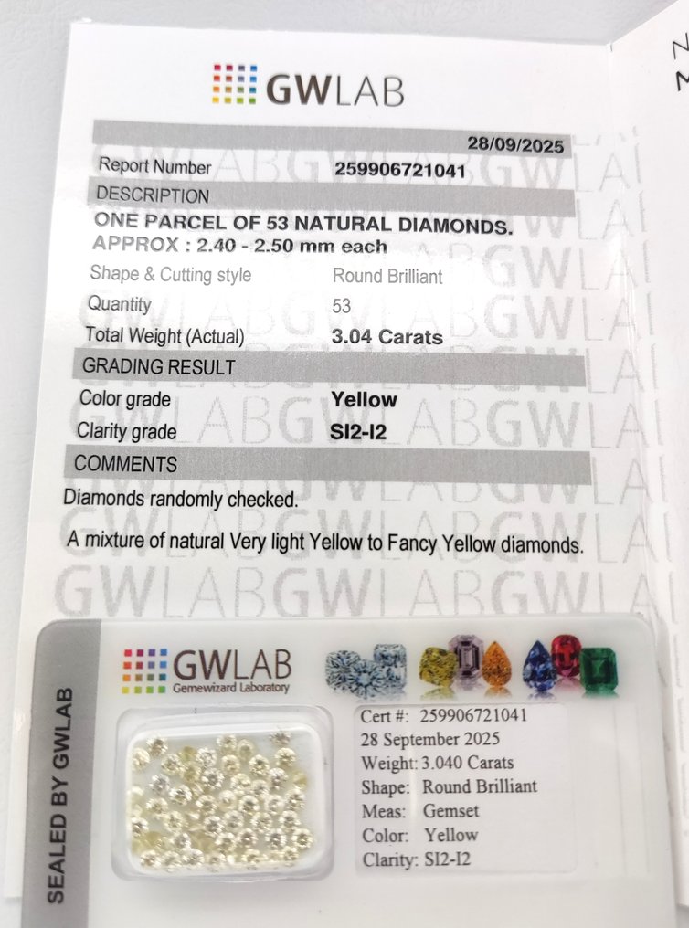 No reserve price - 53 pcs Diamond (Natural coloured) - 3.04 ct - Round Mixed yellow - I2, SI2 - Gemewizard Gemological Laboratory (GWLab) #1.0