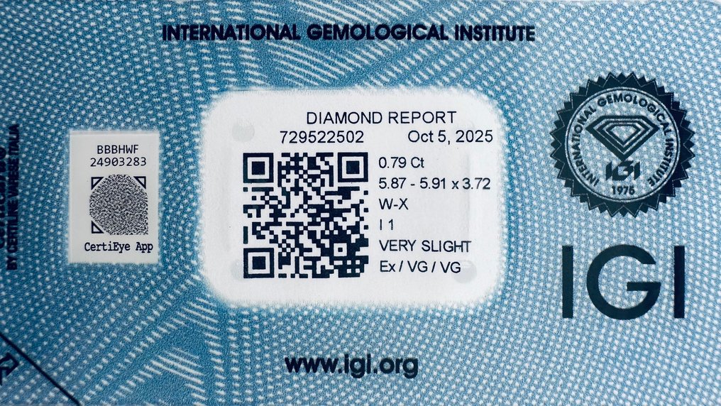 1 pcs Diamond  (Natural)  - 0.79 ct - Round - I1 - International Gemological Institute (IGI) - W - X    EX/VG/VG #2.1