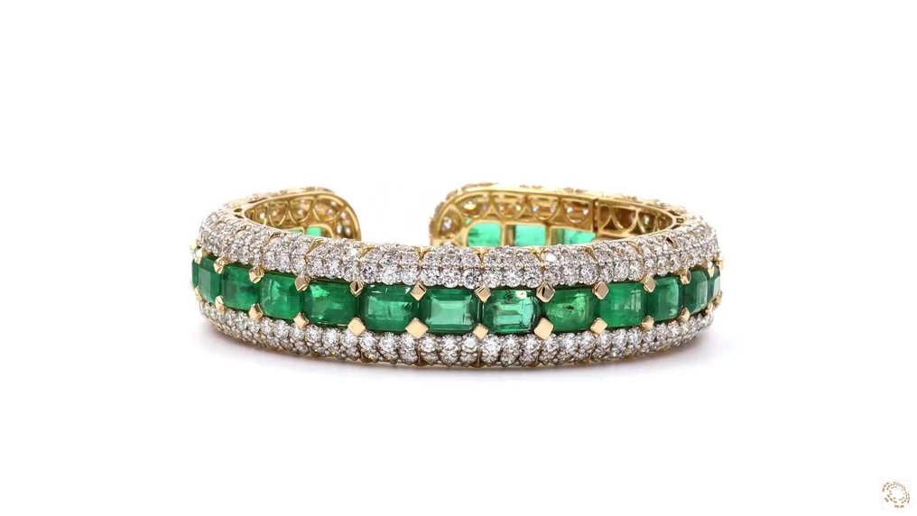 手镯 - 18K包金 黄金 -  40.32ct. tw. 祖母绿 - 钻石 - 尺寸可调手镯 #3.2