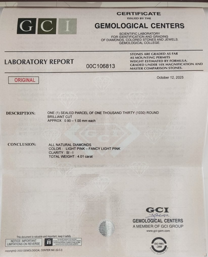 Sem preço de reserva - 1030 pcs Diamante  (Colorido natural)  - 4.01 ct - Redondo Vários tons de rosa - SI1, I1 - Gemmological Centre Israel (G.C.I.) #1.0
