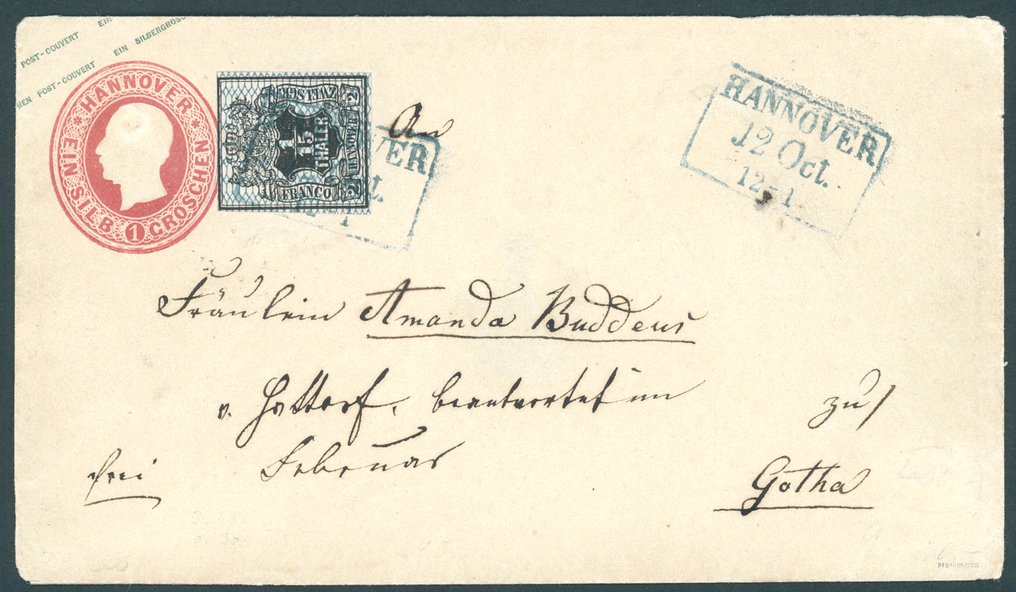 Hannover 1857 - Hannoverraritás 1. sorozat (csak néhány bizonyíték ismert) GA U 2 A, Mi. Szám 11, igazolás. - Ganzsache U 2 A mit Mi.Nr. 11 #1.0