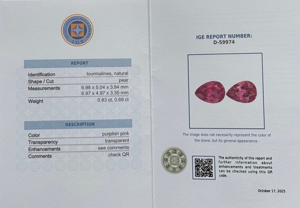 2 pcs  Ροζ Τουρμαλίνης  - 1.52 ct - Instituto Gemólogico Español (IGE) #2.1