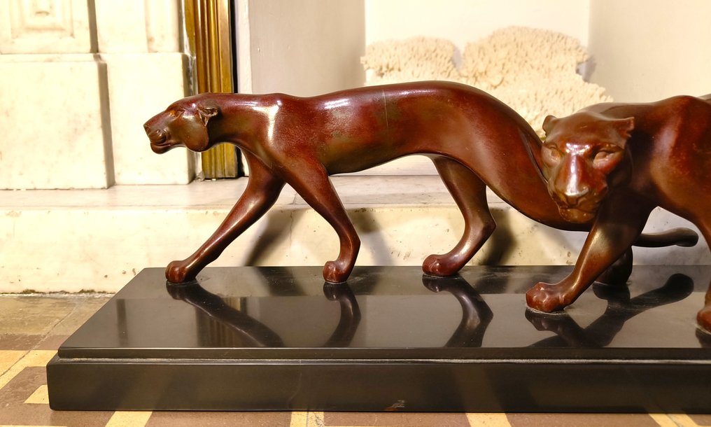 Maurice Font - Γλυπτό, Panteras marchando - 20 cm - Μάρμαρο μαύρο Βελγικό, Zamac #1.0