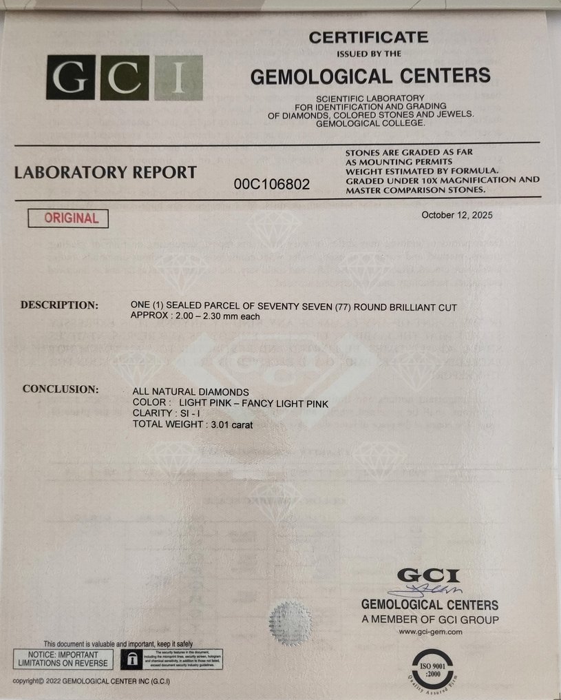 No reserve price - 77 pcs Diamond (Natural coloured) - 3.01 ct - Round Mixed pink - I1, SI1 - Gemmological Centre Israel (G.C.I.) #2.1