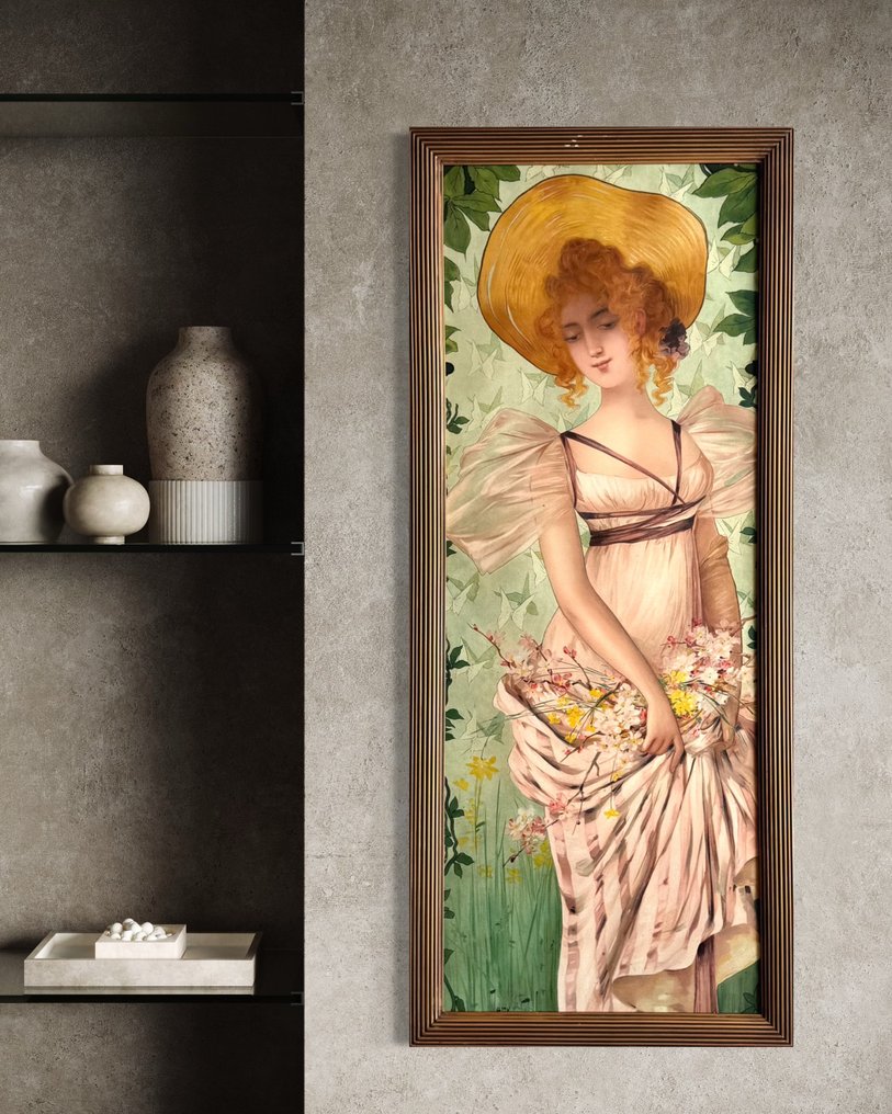 Mary Golay ( 1869-1944 ) - Large Art Nouveau Antique Lithograph - Maiden with flowers - H. 102 cm #2.1