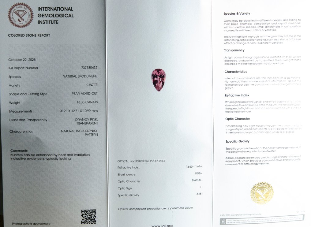 粉色 紫锂辉石  - 18.05 ct - 国际宝石研究院（IGI） #3.2