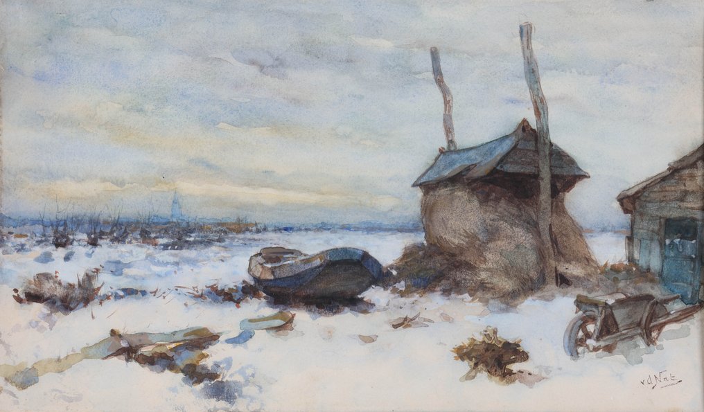 Willem Hendrik van der Nat (1864–1929) - Winters landschap met boot #1.0