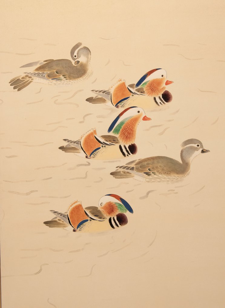 Paravento Byōbu - Carta, Legno, A two-panel Japanese screen depicting mandarin ducks (oshidori, 鴛鴦) on water - Giappone #4.3