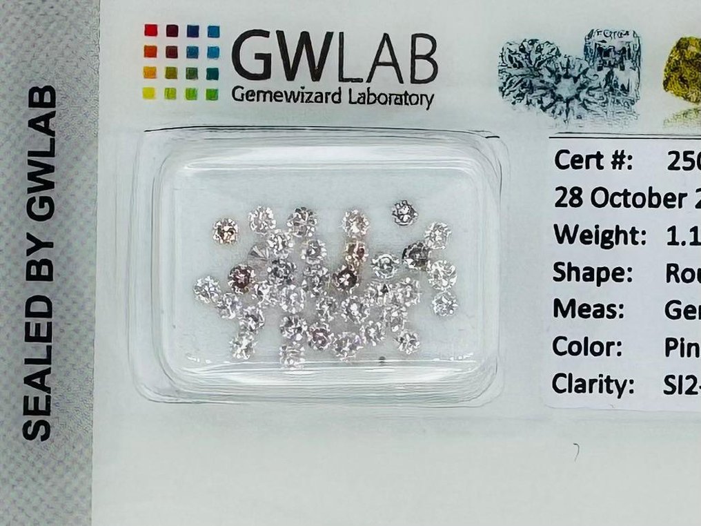 35 pcs 钻石 (天然色彩的) - 1.17 ct - 圆形 - Faint 粉红色 - SI2 微内含二级, I1 内含一级 - Gemewizard宝石实验室(GWLab) #1.0