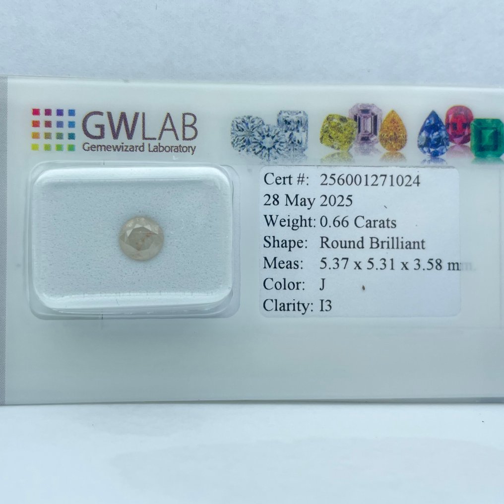 Ingen mindstepris - 1 pcs Diamant (Natur) - 0.66 ct - Rund - J - I3 - Gemewizard Gemological Laboratory (GWLab) #1.0