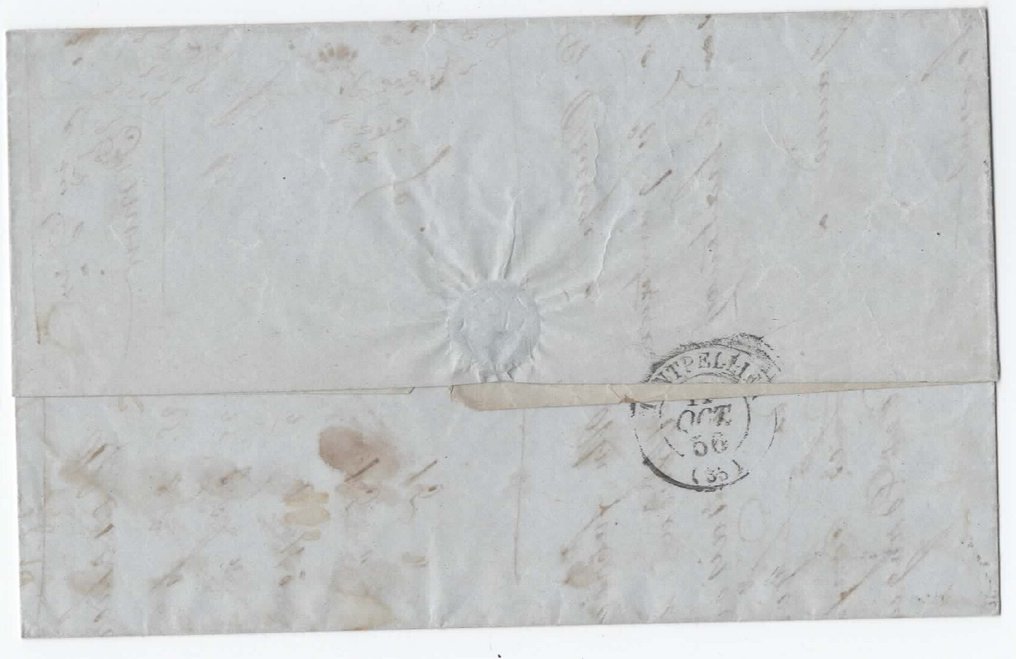 法国 1853 - 拿破仑三世 20世纪宝蓝色 – ML2 邮戳 – 马赛至里昂铁路邮戳，蒙彼利埃2 - Yvert 14a #2.1