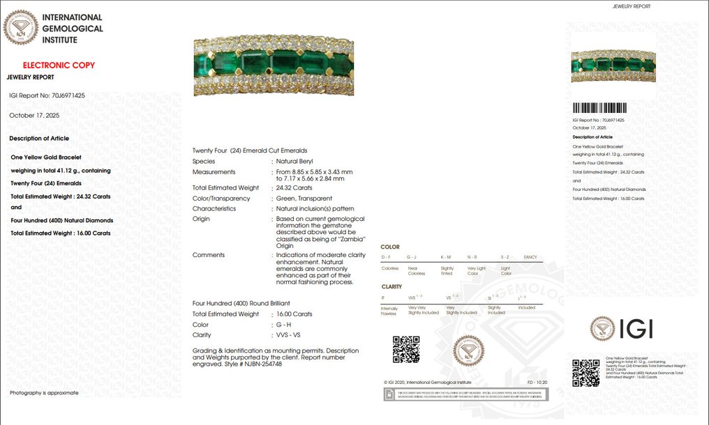 手镯 - 18K包金 黄金 -  40.32ct. tw. 祖母绿 - 钻石 - 尺寸可调手镯 #2.1