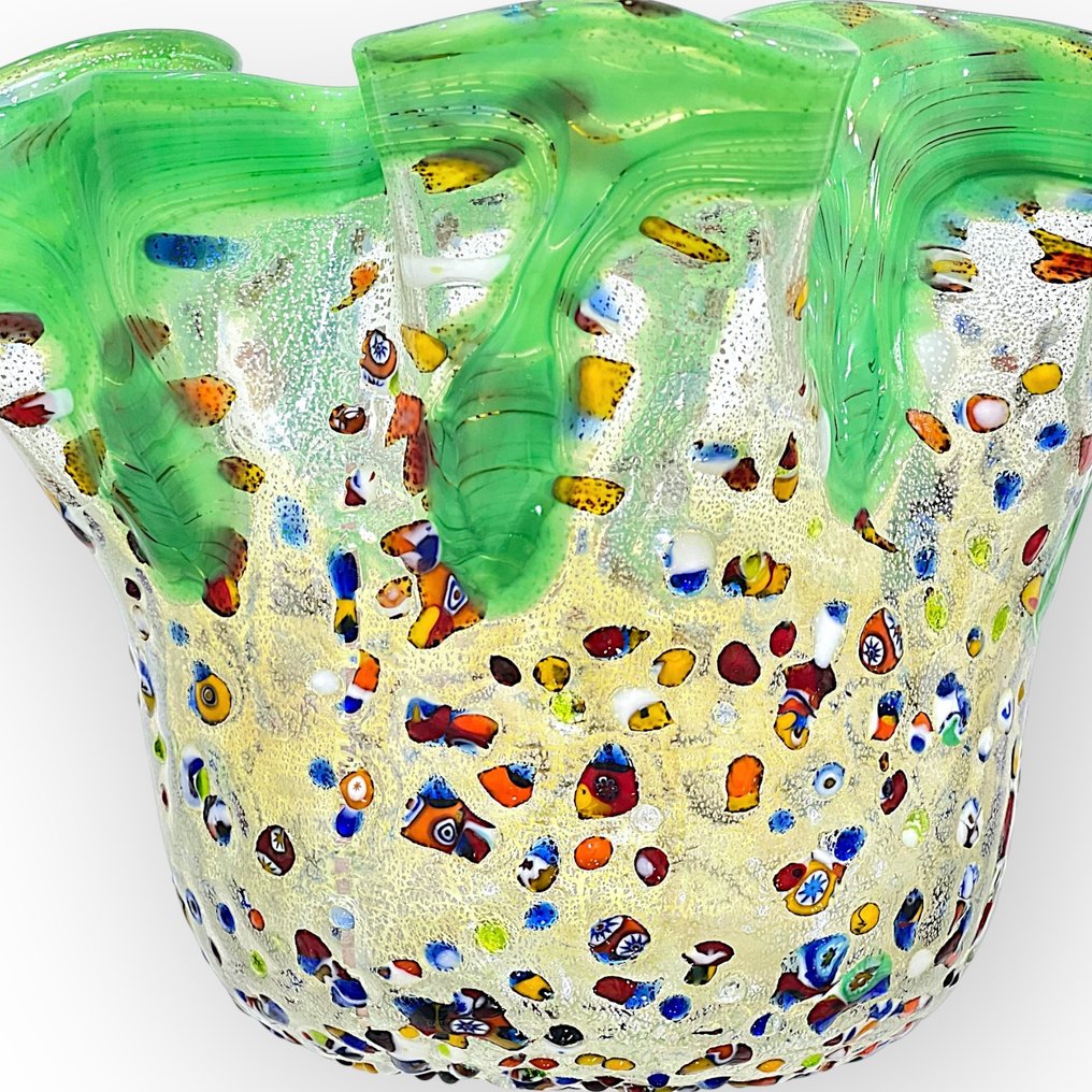 Filippo Maso - 花瓶 -  绿色手帕配银叶和马拉丁 - 穆拉诺玻璃 #4.3