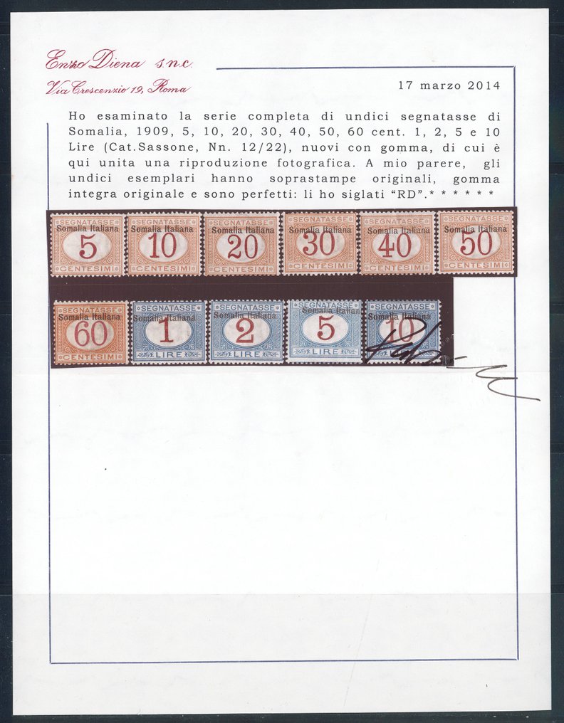 意屬索馬里  - 在顶部标记“Segnatasse con sovr. in alto”，系列编号12/22。R. Diena认证。 #1.0