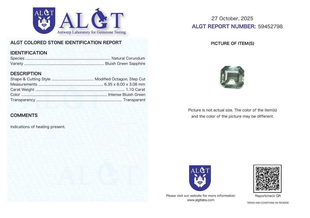 1 pcs  Grøn, Blå Safir  - 1.10 ct - Antwerp Laboratory for Gemstone Testing (ALGT) #2.1
