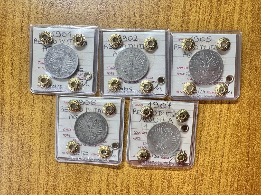 Ιταλία. Vittorio Emanuele III. 1 Lira 1901/1907 “Aquila" (5 monete) #1.0