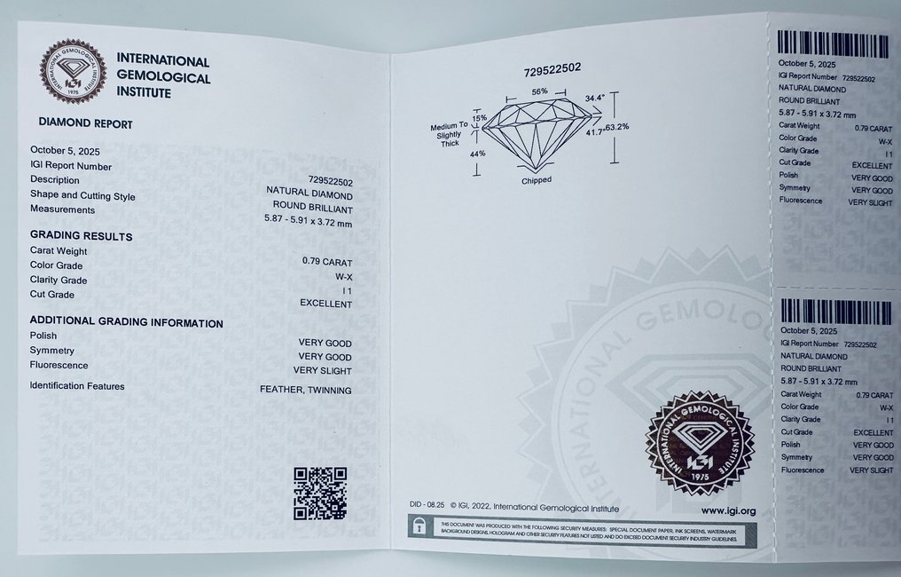 1 pcs Diamond  (Natural)  - 0.79 ct - Round - I1 - International Gemological Institute (IGI) - W - X    EX/VG/VG #3.2