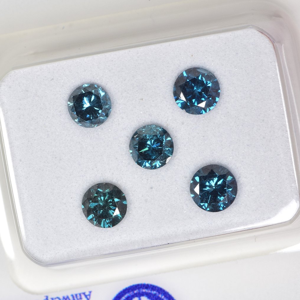 5 pcs Diamant (Farbbehandelt) - 0.96 ct - Rund - Fancy vivid, Fancy deep Grünlich, Bläulich Blau, Grün - SI1, I2 - Antwerp Laboratory for Gemstone Testing (ALGT) #4.3