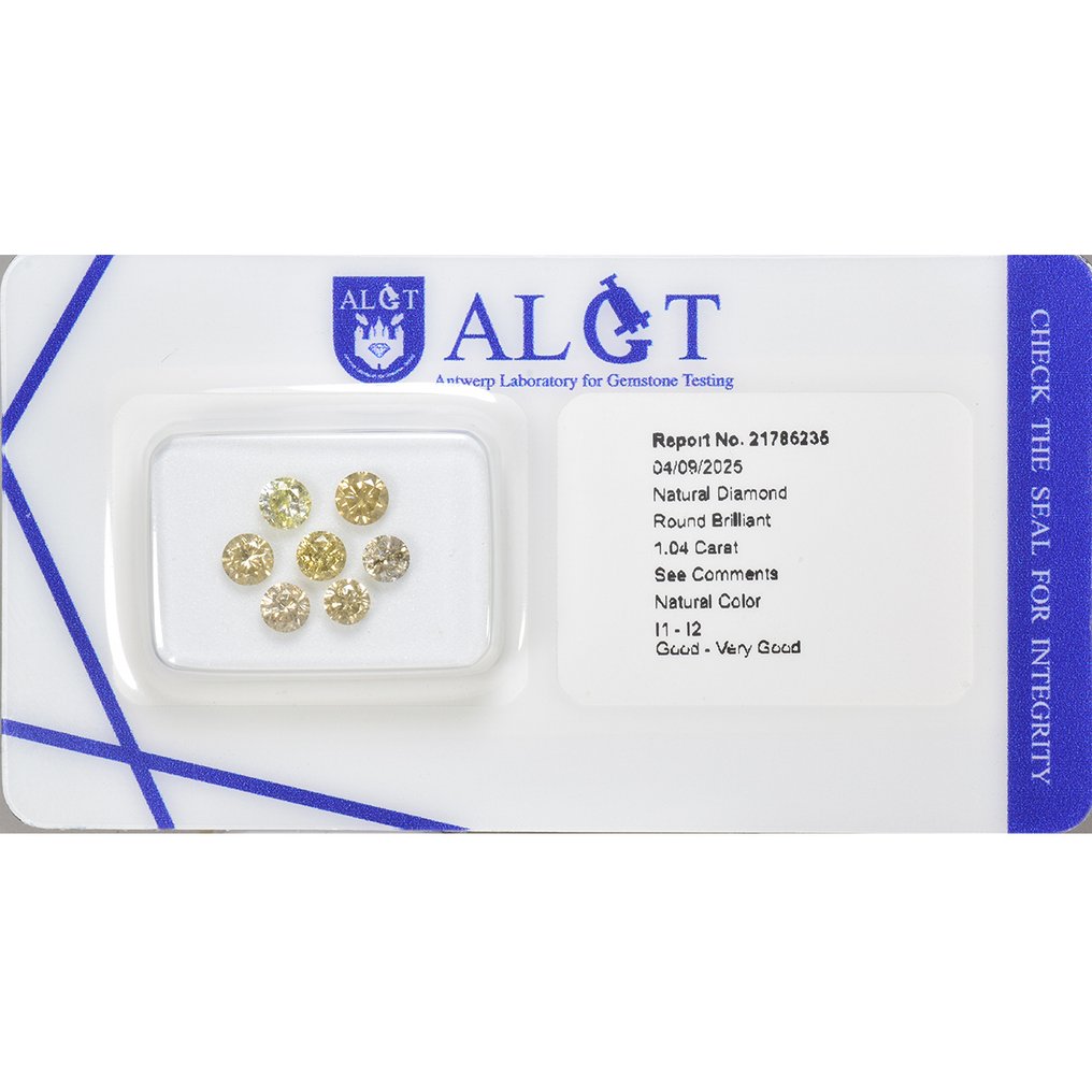 Zonder minimumprijs - 7 pcs Diamant (Natuurlijk gekleurd) - 1.04 ct - Rond - Light, Fancy, Fancy light Geelachtig Bruin, Geel - P2, P1 - Antwerp Laboratory for Gemstone Testing (ALGT) #2.1