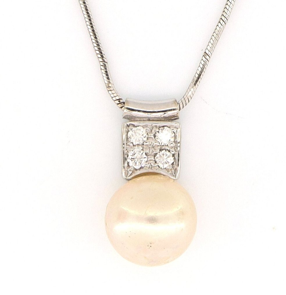 Sem preço de reserva - Colar com pingente - 18 K Ouro branco - 0.20ct. tw. Diamante (Natural) - Pérola #1.0