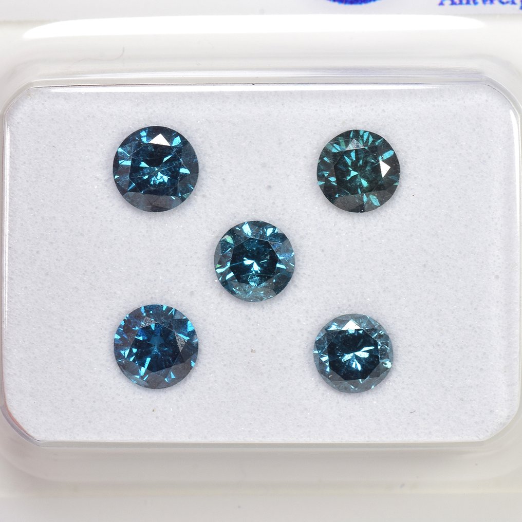 5 pcs Diamant (Farbbehandelt) - 0.96 ct - Rund - Fancy vivid, Fancy deep Grünlich, Bläulich Blau, Grün - SI1, I2 - Antwerp Laboratory for Gemstone Testing (ALGT) #1.0