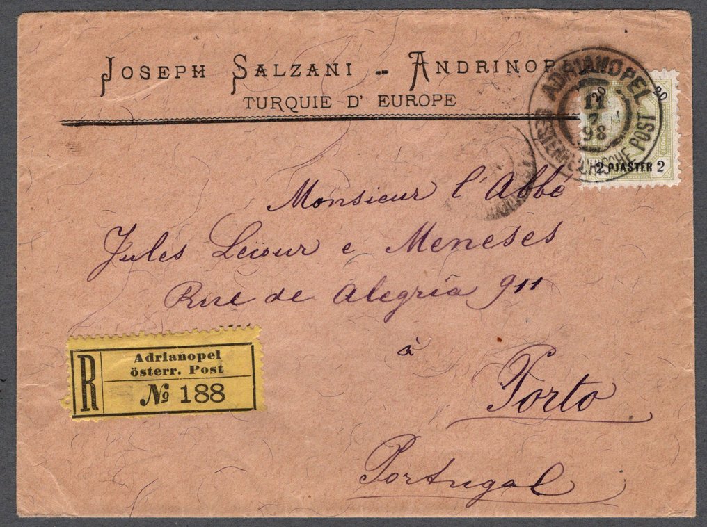 Λεβάντε (Αυστριακά Ταχυδρομεία) - Αυστρία Λεβάντ 1898, Αδριανούπολη - Πόρτο, καταχωρημένη κάλυψη με αρ. 28, άψογη κατάσταση! #1.0