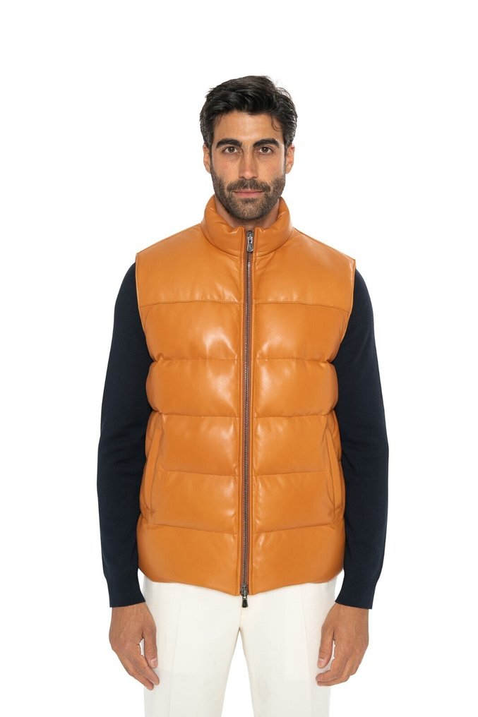 RRP 4800€ ISAIA Cognac Puffer Vest Jacket Ultra Soft Lambskin Leather - 48 IT - Jacket - New with tags #1.0
