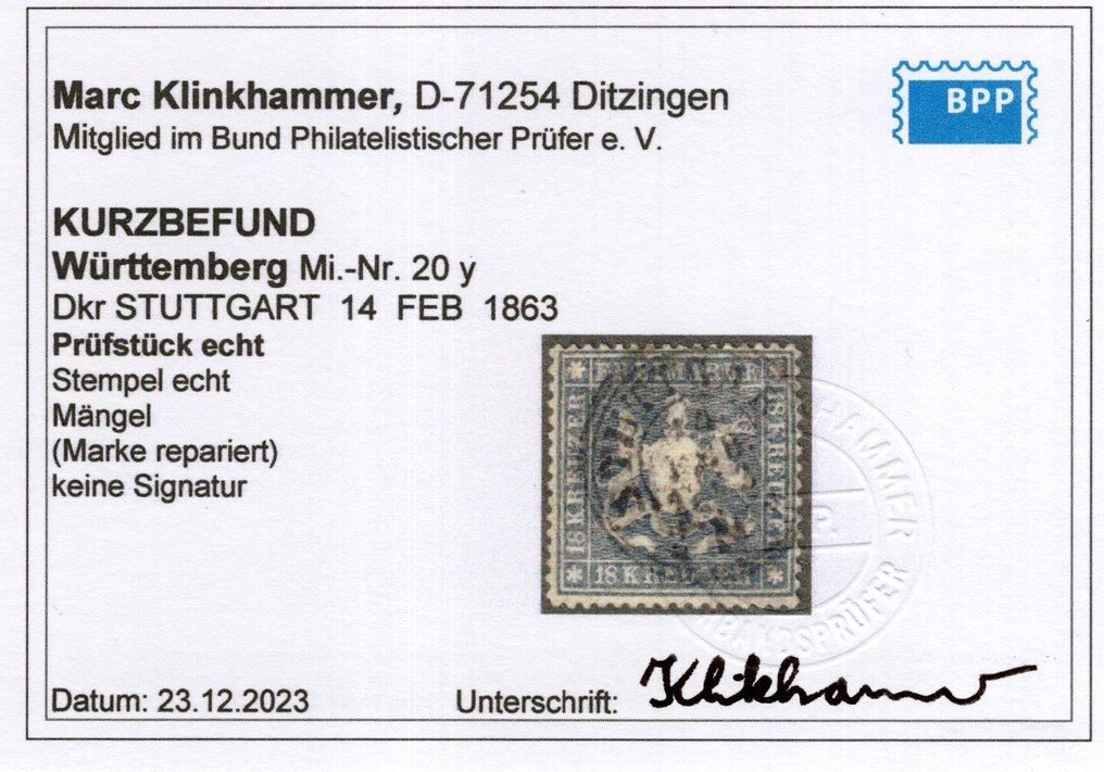 Württemberg 1862 - Rappresentazione dello stemma da 18 kreuzer con rapporto breve. - Michel 20 y #2.1