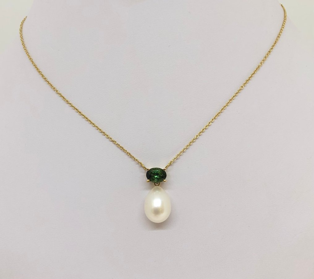 吊墜頸鏈 淡水水滴珍珠 - 碧玺石 - 18K黄金 -  0.30ct. tw. 電氣石 #1.0
