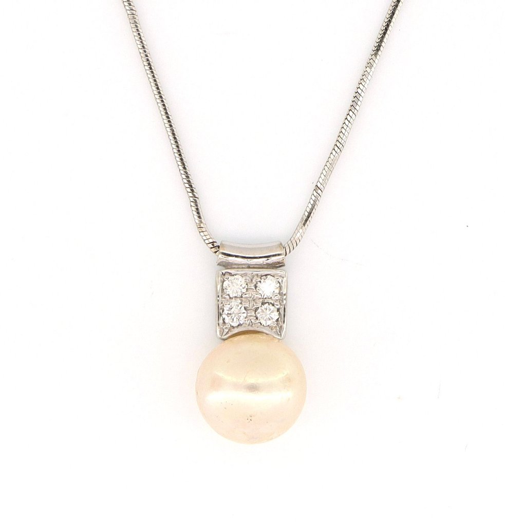 Sem preço de reserva - Colar com pingente - 18 K Ouro branco - 0.20ct. tw. Diamante (Natural) - Pérola #1.0