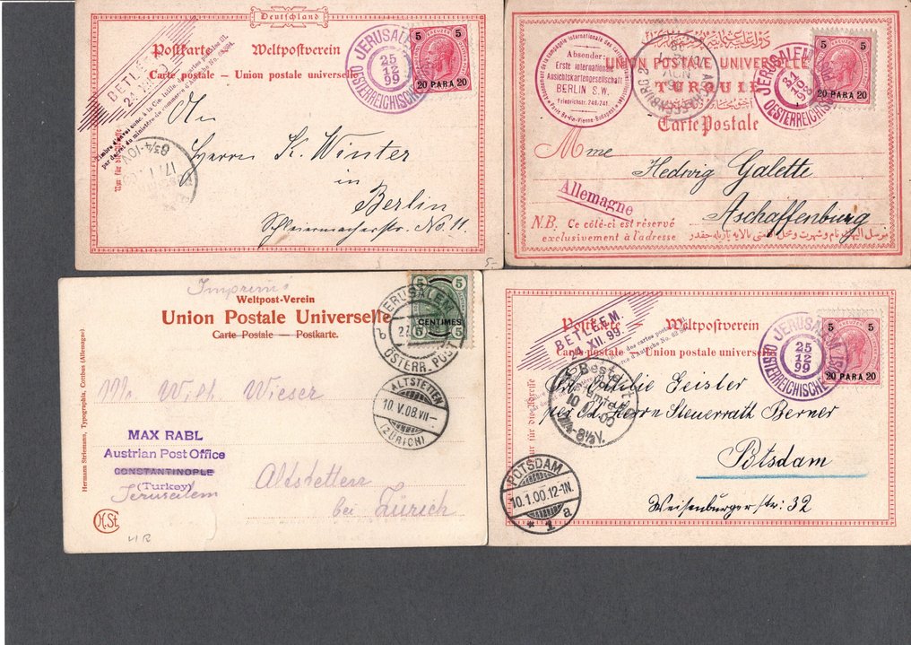 黎凡特（奧地利郵政局）  - 奥地利莱万特 / 圣地，4张明信片，具有不同类型的邮戳和目的地。 #1.0