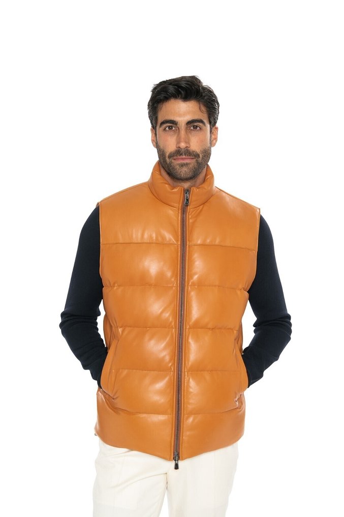 RRP 4800€ ISAIA Cognac Puffer Vest Jacket Ultra Soft Lambskin Leather - 48 IT - Jacket - New with tags #1.0