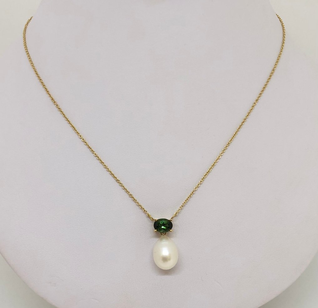 吊墜頸鏈 淡水水滴珍珠 - 碧玺石 - 18K黄金 -  0.30ct. tw. 電氣石 #1.0