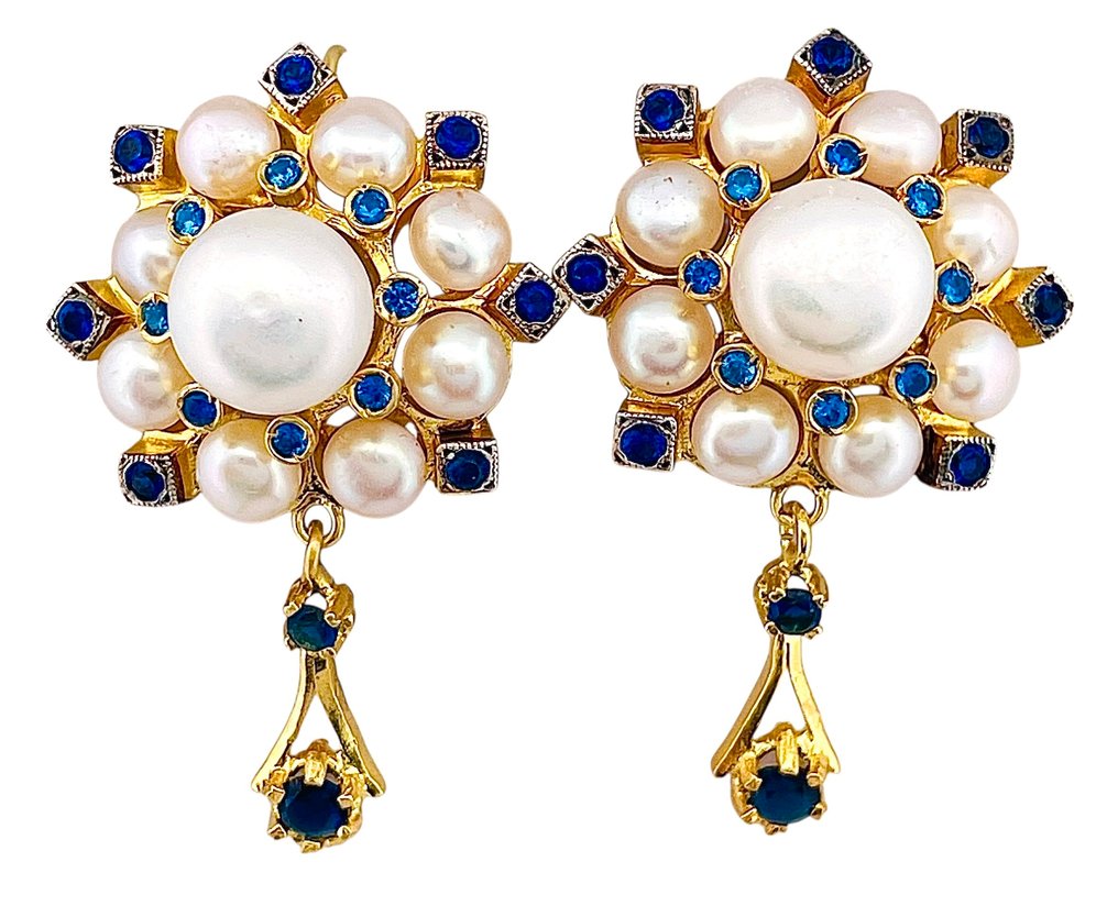 Nincs minimálár - Drop fülbevaló - 9 Kt Sárga arany, Ezüst Zafír - Gyöngy #1.0