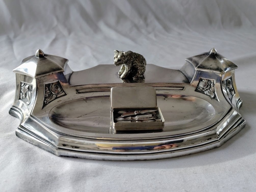 Orfevrerie Dilecta - Tintero - Encrier Double avec Boîte à Plumes Modèle Dépose Numéroté 932 et Presse Papier - Estaño con acabado en plata - Vidrio #2.1