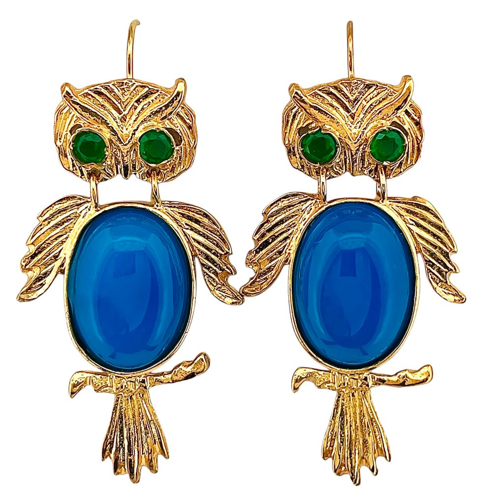 χωρίς τιμή ασφαλείας - Σκουλαρίκια - 9 kt. Κίτρινο χρυσό, Ασημί Σμαράγδι - Χαλκηδόνιος #1.0