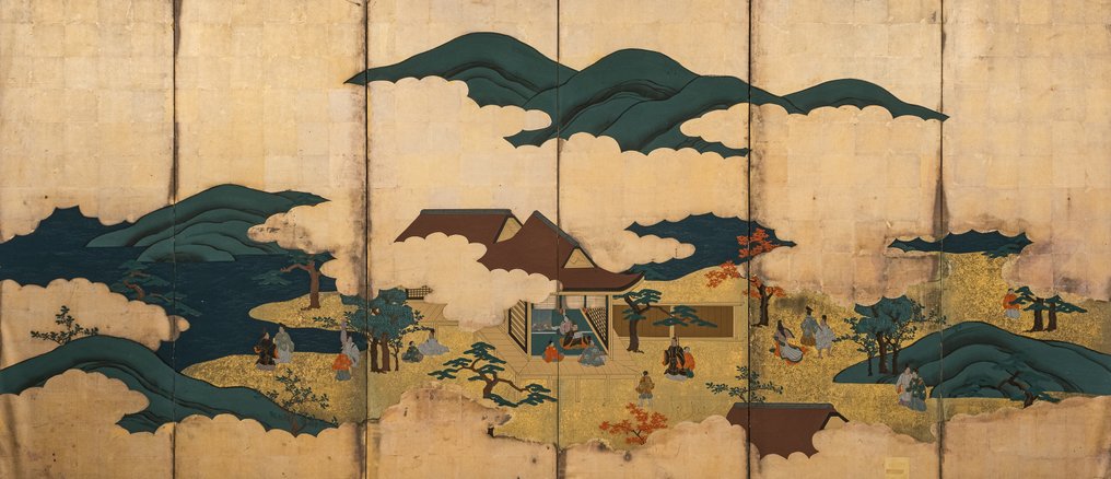 Οθόνη αναδιπλούμενη (byôbu) - Χρυσό φύλλο ασημιού, ξύλο, μετάξι, χαρτί. - Ιαπωνία - Τελευταία περίοδος του Μεϊζι (αρχές του 20ού αιώνα). #1.0