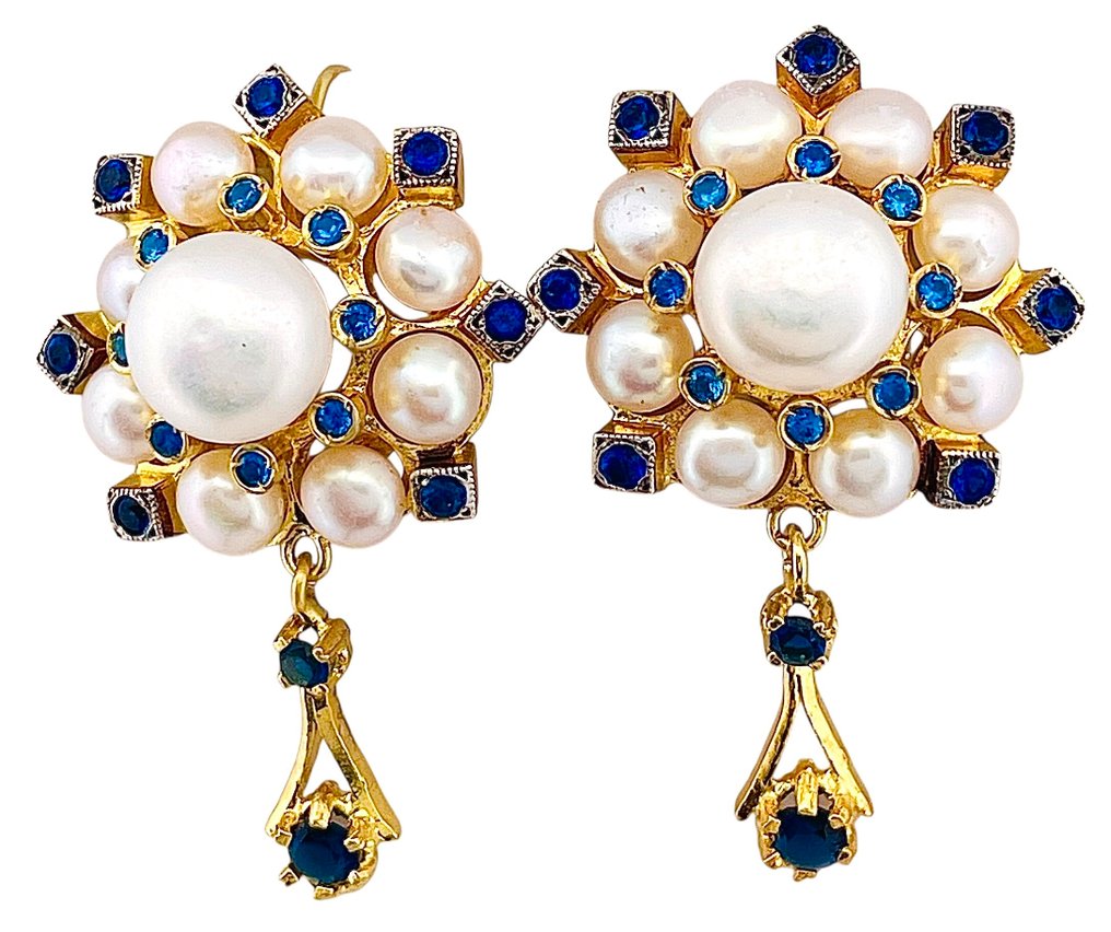 Nincs minimálár - Drop fülbevaló - 9 Kt Sárga arany, Ezüst Zafír - Gyöngy #2.1