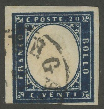 意大利古國－薩丁尼亞 1861 - 维托里奥·埃马努埃莱二世头像，20分深蓝色钴，编号15，第四版，二手。 - Sassone n.15Di #1.0