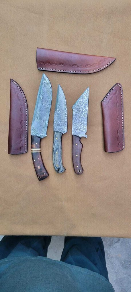 廚刀 - Kitchen knife set -  手工厨房刀 - 鋼, 木, 骨 - 美國 - 配有皮革袋 #1.0