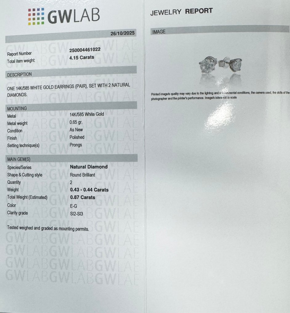 没有保留价 - 耳环 - 14K包金 白金 -  0.87ct. tw. 钻石 (天然) - ME-G 颜色 SI2-SI3 #2.1