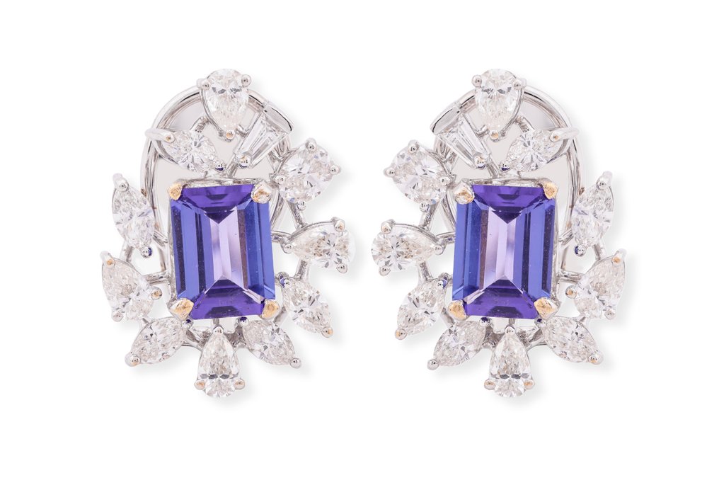 鸡尾酒耳环 - 18K包金 白金 -  5.24ct. tw. 坦桑石 - 钻石 #1.0