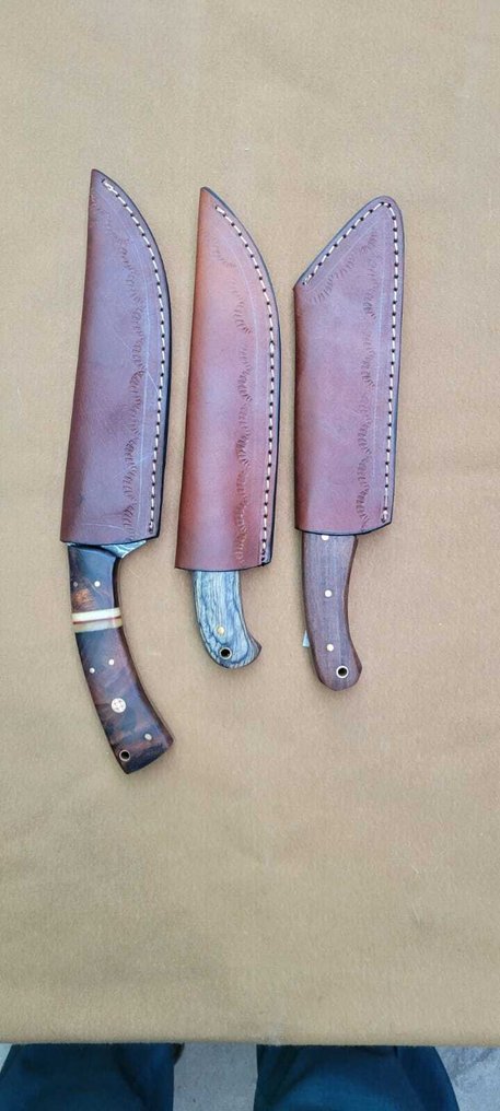 廚刀 - Kitchen knife set -  手工厨房刀 - 鋼, 木, 骨 - 美國 - 配有皮革袋 #3.2