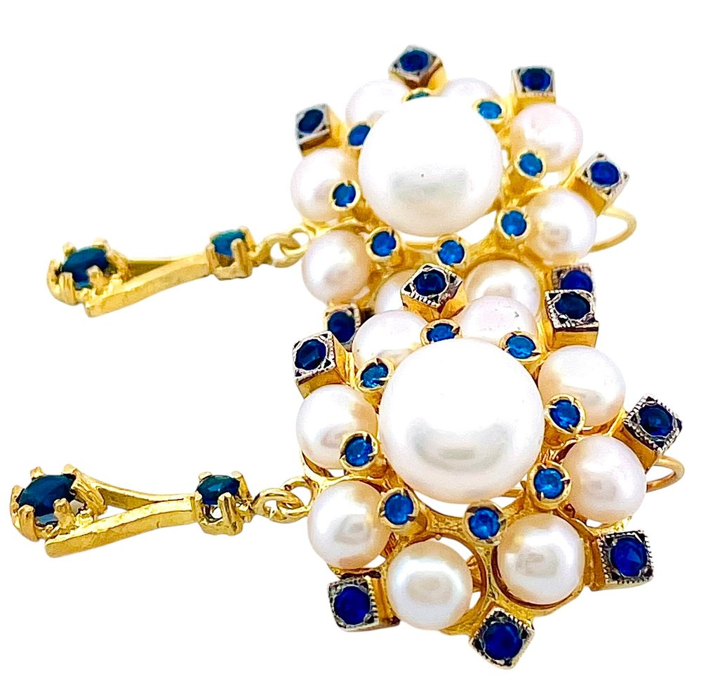 Nincs minimálár - Drop fülbevaló - 9 Kt Sárga arany, Ezüst Zafír - Gyöngy #4.3