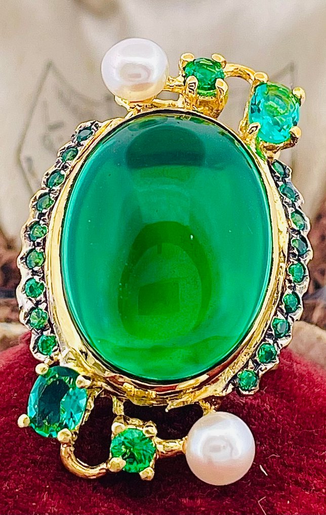 Sem preço de reserva - Anel - 9 kt. Ouro amarelo, Prata Esmeralda - Pérola #1.0