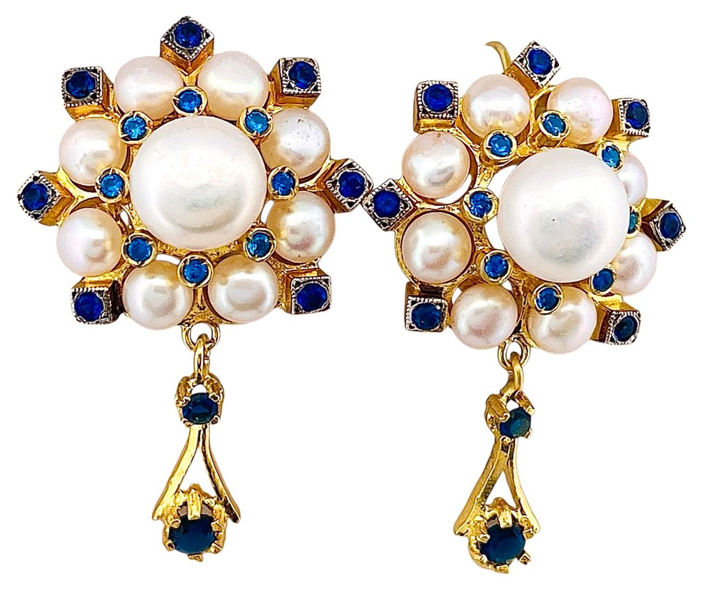 Nincs minimálár - Drop fülbevaló - 9 Kt Sárga arany, Ezüst Zafír - Gyöngy #3.2